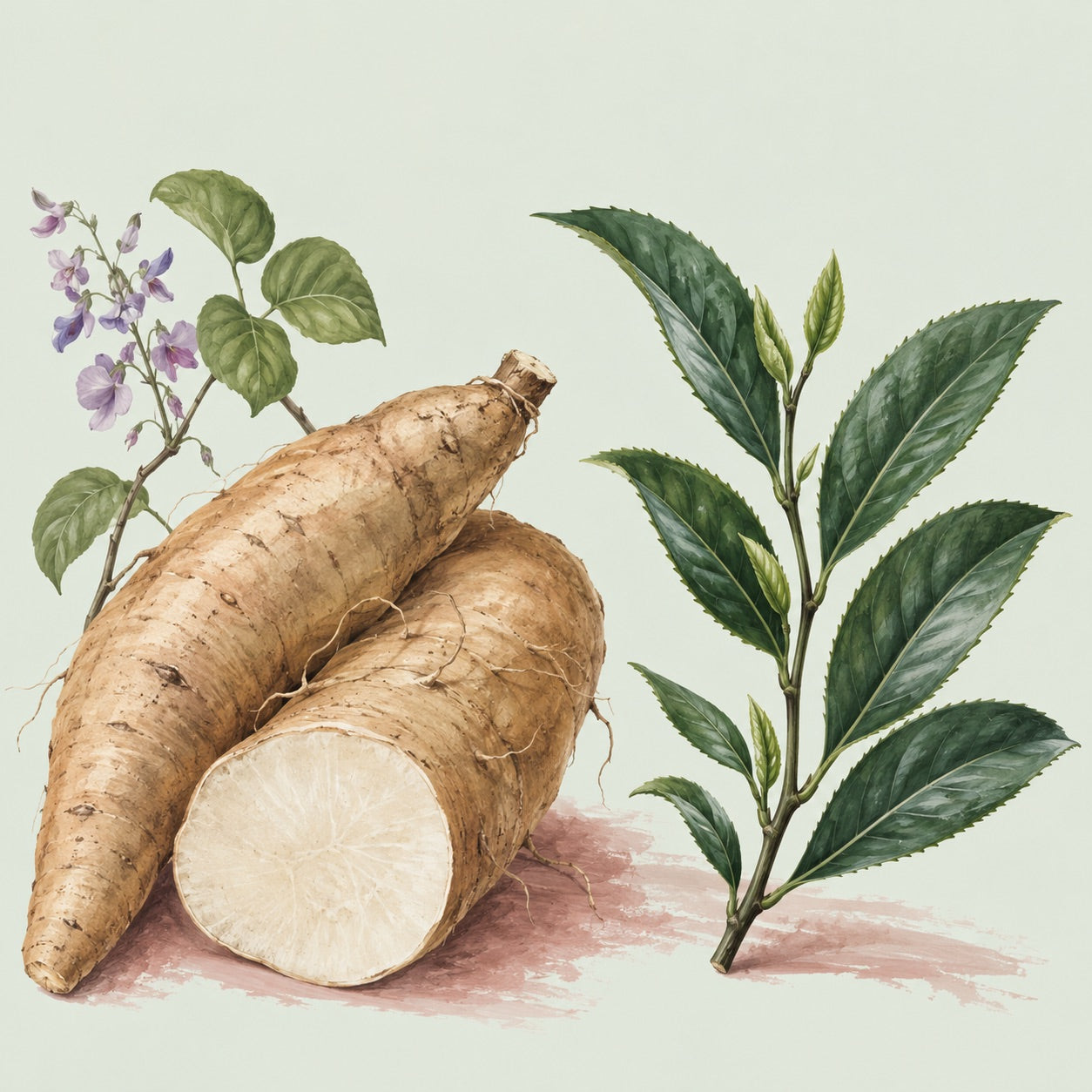 Botanical illustration of roots and green tea leaves